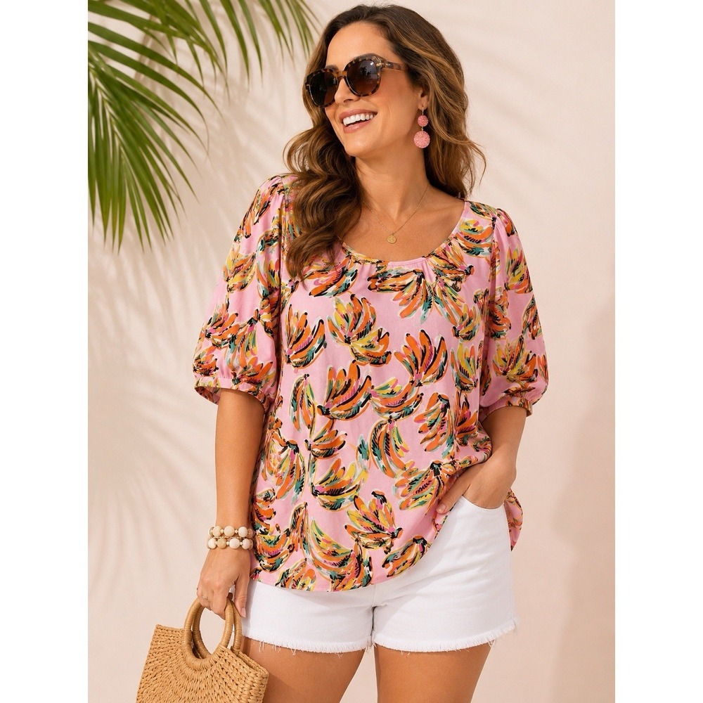 NWT Crown & Ivy XXL Pink Banana Print Peasant Top Keyhole Tropical‎ Boho
